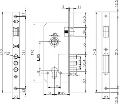 Корпус замка врезного цилиндрового KALE KILIT 152/3MR (45 mm) w/b (латунь) для легких дверей