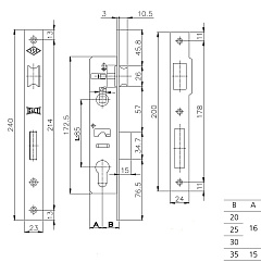Корпус замка врезного цилиндрового KALE KILIT 153 (25 mm) w/b (никель)для узкопрофильных дверей 10230