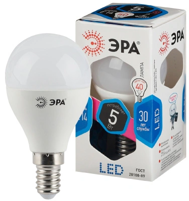 Лампа светодиодная Эра LED шар матовый smd P45-5W-840-E14 400lm 4000К, Б0028487