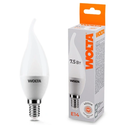 Лампа светодиодная Wolta LED С37 25SCD7.5E14 / E14, свеча на ветру, 7,5 Вт, 625lm 4000K