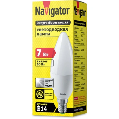 Лампа светодиодная Navigator 94 492 NLL-C37-7-230-4K-E14-FR, свеча, 7 Вт, 560lm, 4000К