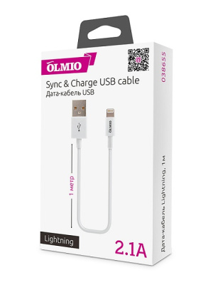 Кабель USB 2.0 - lightning, длина 1 м, 2.1A, белый OLMIO 038655