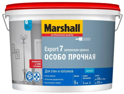 Краска латексная MARSHALL EXPORT 7 ОСОБО ПРОЧНАЯ 9 л, для стен и потолков, матовая, база BC