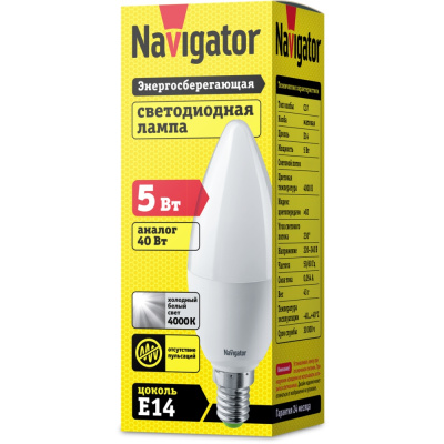 Лампа светодиодная Navigator 94 482 NLL-P-C37-5-230-4K-E14-FR, свеча, 5 Вт, 400lm, 4000К