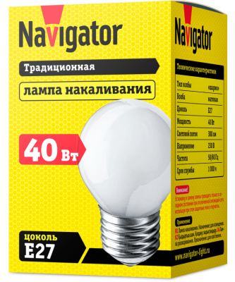 Лампа накаливания Navigator NI-C-40-230-E27-FR шарик матовый P45 40W E27 388lm 3000К, 94311