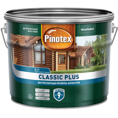 Пропитка декоративная для защиты древесины Pinotex Classic Plus, 3 в 1, тиковое дерево, 9 л