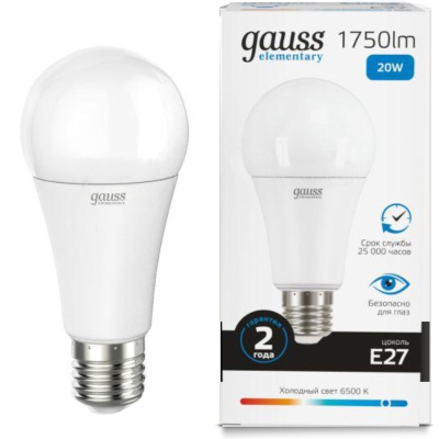 Лампа светодиодная Gauss Elementary LED Груша матовая E27 А60 20W 1750lm 6500К, 2059726