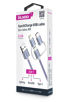 Кабель USB 2.0, 3 в 1 для всех смартфонов, microUSB/lightning/typeC, длина 1,2 м, 2.1А OLMIO 038896