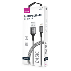 Кабель BASIC, USB 2.0 - lightning, длина 1,2 м, 2.1A, серый, текстильная оплётка, OLMIO 041650