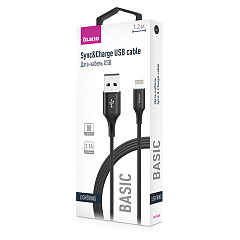 Кабель BASIC, USB 2.0 - lightning, длина 1,2 м, 2.1A, чёрный, текстильная оплётка, OLMIO 041649