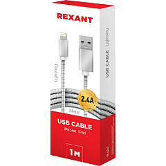 Кабель Rexant, металическая оплетка, 1 м, 2,4A, USB-Lightning