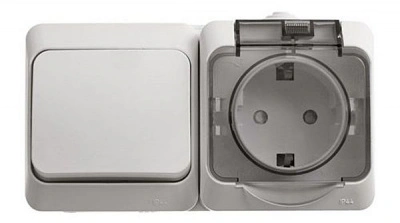 Блок горизонтальный 1 клавишный выключатель и 2P+E розетка, с крышкой IP44 Этюд Schneider Electric (BPA16-241B)