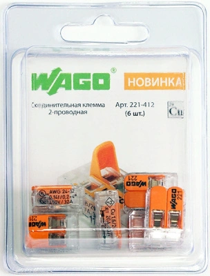 Клемма 221-412-6 компактная WAGO 2х(0,2-4,0 кв.мм) (упаковка 6 шт)