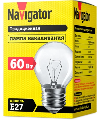 Лампа накаливания Navigator NI-C-60-230-E27-CL шарик прозрачный P45 60W E27 660lm 3000К, 94312