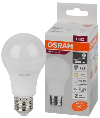 Лампа светодиодная Osram LED A60-10W-E27, груша, 10 Вт, 800lm 3000К, 4058075578821
