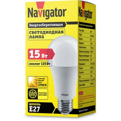 Лампа светодиодная Navigator 61 200 NLL-A60-15-230-2.7K-E27, груша, 15 Вт, 1125lm, 2700К