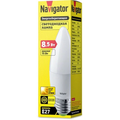 Лампа светодиодная Navigator 61 327 NLL-C37-8.5-230-2.7K-E27-FR, свеча, 8,5 Вт, 640lm, 2700К