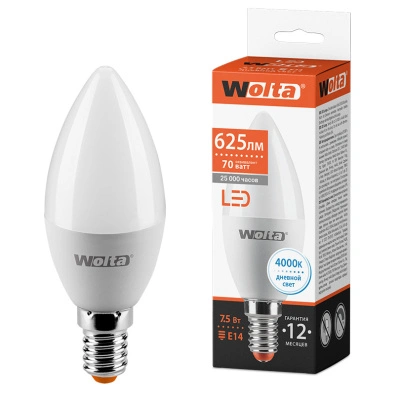 Лампа светодиодная Wolta LED С37 25SC7.5E14 / E14, свеча, 7.5 Вт, 625lm 4000K
