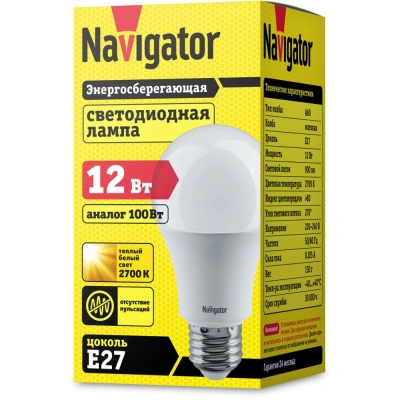 Лампа светодиодная Navigator 71 296 NLL-A60-12-230-2.7K-E27, груша, 12 Вт, 900lm, 2700К
